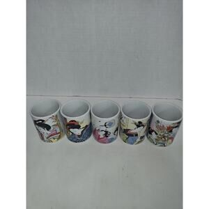 Vintage Japanese Geisha Scenery Cup Set Of 5 Tea Sake Cups Ceramic Porcelain